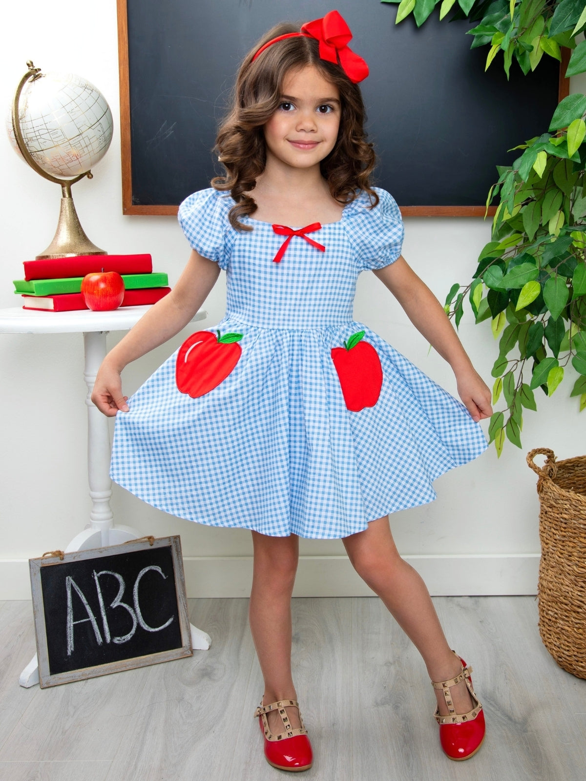 Apple Sweetheart Gingham Puff Sleeve Cotton Dress