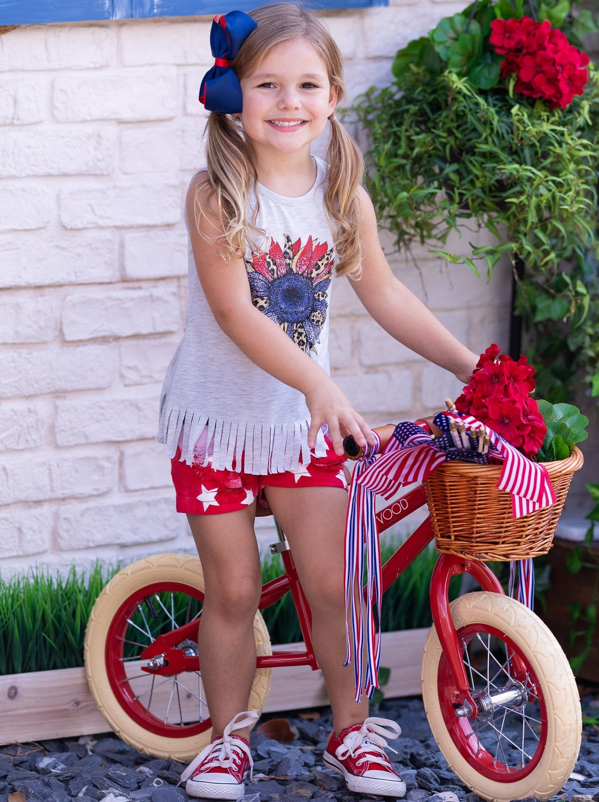 American Flower Fringe Tank Top and  Denim Shorts Set