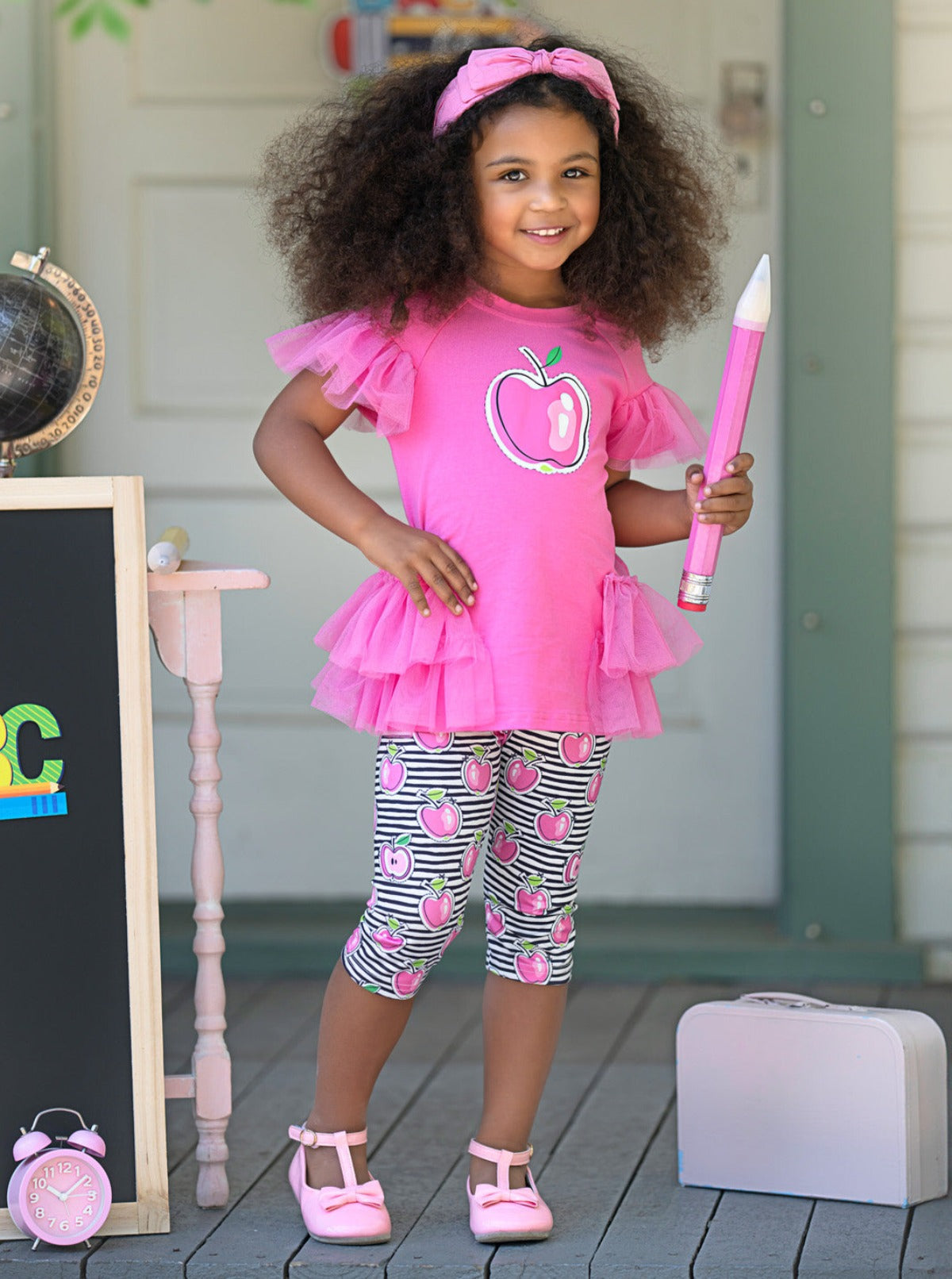 Apple Charm Ruffle Tunic and Striped Legging Set