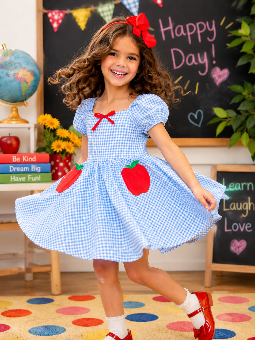 Apple Sweetheart Gingham Puff Sleeve Cotton Dress