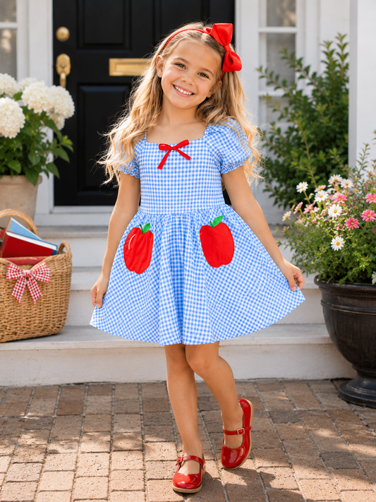 Apple Sweetheart Gingham Puff Sleeve Cotton Dress
